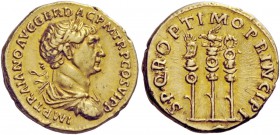 The Roman Empire 
 Trajan, 98 – 117 
 Aureus circa 113-114, AV 7.27 g. IMP TRAIANO AVG GER DAC P M TR P COS VI P P Laureate, draped and cuirassed bu...