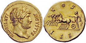 The Roman Empire 
 Hadrian, 117 – 134 
 Aureus 125-128, AV 6.97 g. HADRIANVS – AVGVSTVS Laureate head r., drapery on l. shoulder. Rev. COS – III Sol...