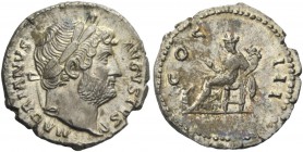 The Roman Empire 
 Hadrian, 117 – 134 
 Denarius 125-128, AR 3.42 g. HADRIANVS – AVGVSTVS Laureate head r. drapery on l. shoulder. Rev. COS – III Ab...