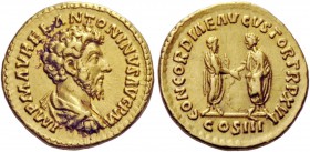 The Roman Empire 
 Marcus Aurelius augustus, 161-180 
 Aureus 161-162, AV 7.43 g. IMP M AVREL ANTONINVS AVG P M Bareheaded, draped and cuirassed bus...