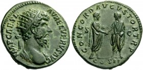 The Roman Empire 
 Lucius Verus, 161-169 
 Dupondius 161, Æ 11.79 g. IMP CAES L – AVRE L VERVS AVG Radiate and draped bust r. Rev. CONCORD AVGVSTOR ...