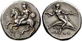 Greek Coins 
 Calabria, Tarentum. Nomos circa 355-340 BC, AR 7.89 g. 
 Description Helmeted and naked horseman holding shield and vaulting from hors...