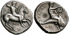 Greek Coins 
 Calabria, Tarentum. Nomos circa 333-331/330 BC, AR 7.82 g. 
 Description Naked horseman r., spearing downward with r. hand and holding...