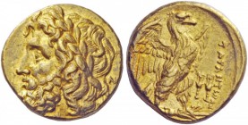 Greek Coins 
 Calabria, Tarentum. Stater circa 276-272 BC, AV 8.58 g. 
 Description Laureate head of Zeus l.; behind, NK ligate. Rev. TAPANTINWN Eag...
