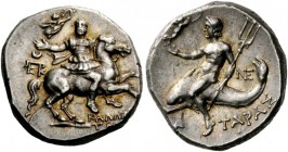 Greek Coins 
 Calabria, Tarentum. Nomos circa 240-228 BC, AR 6.64 g. 
 Description Horseman in military attire facing slightly r. and extending his ...