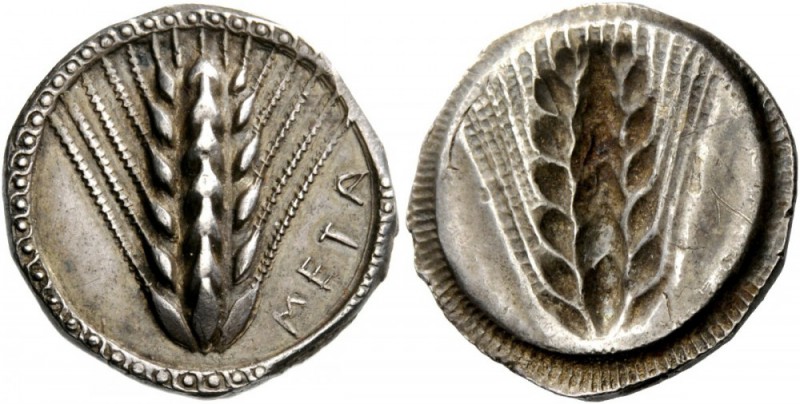 Greek Coins 
 Lucania, Metapontum. Nomos circa 495-480 BC, AR 8.09 g. 
 Descri...