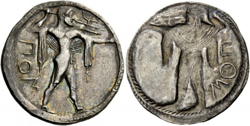 Greek Coins 
 Lucania, Poseidonia. Nomos circa 530-500 BC, AR 6.49 g. 
 Descri...