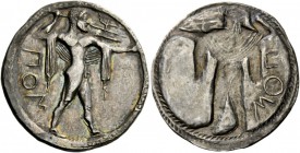 Greek Coins 
 Lucania, Poseidonia. Nomos circa 530-500 BC, AR 6.49 g. 
 Description ΠOS Poseidon, nude but for chlamys draped over his arms, standin...