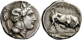 Greek Coins 
 Lucania, Thurium. Di-nomos circa 350 BC, AR 15.59 g. 
 Description Head of Athena r., wearing crested Attic helmet decorated with Scyl...