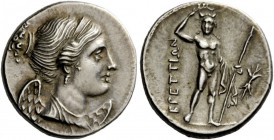 Greek Coins 
 Bruttium, The Brettii. Drachm circa 216-214 BC, AR 4.68 g. 
 Description Diademed bust of Nike r. Rev. BRETTIWN Naked river-god facing...