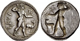 Greek Coins 
 Bruttium, Caulonia. Nomos circa 525-500 BC, AR 8.07 g. 
 Description KAVL Apollo, diademed, walking r., holding laurel branch in uprai...