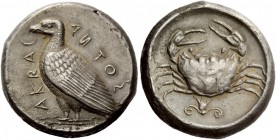Greek Coins 
 Sicily, Acragas. Tetradrachm circa 460-450/446 BC, AR 17.34 g. 
 Description AKRAC – A&#142;TOS Eagle standing l. with closed wings. R...