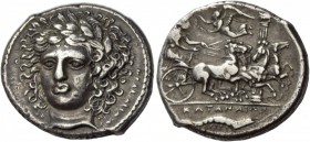 Greek Coins 
 Sicily, Catana. Tetradrachm signed by Herakleidas circa 405-402 BC, AR 17.18 g. 
 Description Laureate head of Apollo, facing three-qu...