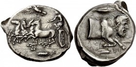 Greek Coins 
 Sicily, Gela. Tetradrachm circa 415-405 BC, AR 17.20 g. 
 Description [GELAIWN] Fast quadriga driven l. by charioteer, holding kentron...