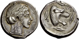 Greek Coins 
 Sicily, Leontini. Tetradrachm circa 440 BC, AR 17.17 g. 
 Description Laureate head of Apollo r. Rev. àE – O – NT – INO – N Lion’s hea...