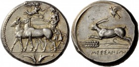 Greek Coins 
 Sicily, Messana. Tetradrachm circa 412-408 BC, AR 17.19 g. 
 Description Biga of mules driven l. by female charioteer; in exergue, two...