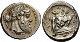 Greek Coins 
 Sicily, Naxos. Tetradrachm circa 460 BC, AR 17.25 g. 
 Description Bearded and ivy-wreathed head of Dionysos r., his hair tied in krob...