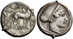 Greek Coins 
 Sicily, Syracuse. Tetradrachm circa 430-420 BC, AR 17.69 g. 
 Description Slow quadriga driven r. by charioteer, holding reins and ken...