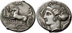 Greek Coins 
 Sicily, Syracuse. Tetradrachm circa 405-400 BC, AR 17.24 g. 
 Description Fast quadriga driven l. by charioteer holding reins in both ...