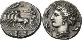 Greek Coins 
 Sicily, Syracuse. Decadrachm, unsigned work by Euainetos, circa 400 BC, AR 43.33 g. 
 Description Fast quadriga driven l. by chariotee...