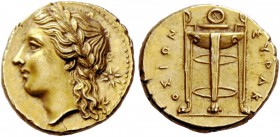 Greek Coins 
 Sicily, Syracuse. 25 litrae circa 310-305 BC, EL 3.55 g. 
 Description Laureate head l.; behind, eight-pointed star. Rev. SURAK – OSIW...