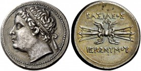 Greek Coins 
 Sicily, Syracuse. 10 litrae, 215-214 BC under Hieronymus, AR 8.51 g. 
 Description Diademed head l. Rev. BASILEOS / AF Winged thunderb...
