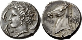 Greek Coins 
 The Carthaginians in Sicily. Tetradrachm, ”mint of the Camp” circa 320-300 BC,
 AR 16.92 g. 
 Description Head of Tanit-Persephone l....
