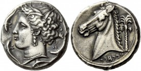 Greek Coins 
 The Carthaginians in Sicily. Tetradrachm, ”mint of the Camp” circa 320-300 BC,
 AR 17.09 g. 
 Description Head of Tanit-Persephone l....