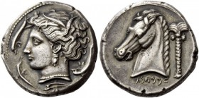 Greek Coins 
 The Carthaginians in Sicily. Tetradrachm, ”mint of the Camp” circa 320-300,
 AR 16.97 g. 
 Description Head of Tanit-Persephone l., w...