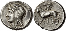 Greek Coins 
 The Carthaginians in Sicily. Tetradrachm, uncertain mint in Sicily circa 320-300,
 AR 17.40 g. 
 Description Female head l. (Tanit ?)...