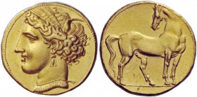 Greek Coins 
 The Carthaginians in North Africa. Trihemistater, Carthago circa 260 BC, AV 12.39 g. 
 Description Head of Tanit-Persephone l., wearin...