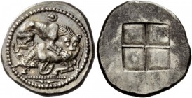 Greek Coins 
 Macedonia, Acanthus. Tetradrachm circa 470-430 BC, AR 16.92 g. 
 Description Lion r., attacking bull kneeling to l. and biting into hi...