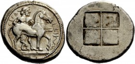 Greek Coins 
 Thraco-Macedonian Tribes, The Bisaltae. Octodrachm circa 475-465 BC, AR 28.68 g. 
 Description CISD – LÚIKÈ&#142; Warrior, wearing cau...