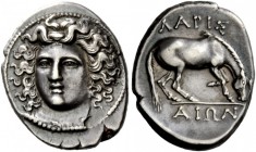 Greek Coins 
 Thessaly, Larissa. Drachm circa 356-342 BC, AR 6.13 g. 
 Description Head of the nymph Larissa facing slightly l., wearing ampyx and n...