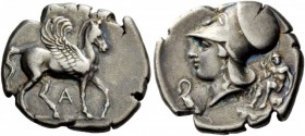 Greek Coins 
 Epirus, Ambracia. Stater circa 360-338 BC, AR 8.34 g. 
 Description Pegasus standing r., wing partially folded; between its legs, A. R...