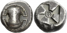 Greek Coins 
 Boeotia, Thebes. Stater circa 480-460 BC, AR 12.04 g. 
 Description Boeotian shield, rim divided into eight segments. Rev. Square incu...