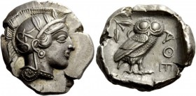 Greek Coins 
 Attica, Athens. Tetradrachm after 449 BC, AR 17.15 g. 
 Description Head of Athena r. wearing crested Attic helmet. Rev. AQE Owl stand...