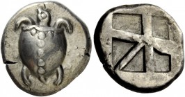 Greek Coins 
 Islands off Attica, Aegina. Stater circa 480-457 BC, AR 12.27 g. 
 Description Sea turtle seen from above; T pattern of dots on shell....