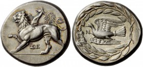 Greek Coins 
 Sicyonia, Sicyon. Stater circa late 330s, AR 12.24 g. 
 Description Chimera advancing l., with r. paw raised; above, wreath and beneat...
