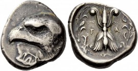 Greek Coins
Olympia, Elis. Stater signed by DA..., circa 408 BC, the 93rd Olympiad, AR 12.28 g.
Description Head of eagle l., beneath, white poplar ...