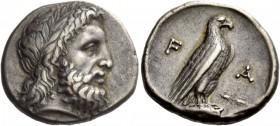 Greek Coins 
 Olympia, Elis. Tetradrachm stater 348 BC, the 108th Olympiad, AR 12.16 g. 
 Description Laureate head of Zeus r. Rev. F – A Eagle, wit...