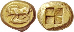 Greek Coins 
 Mysia, Cyzicus. Stater circa 500-450 BC, EL 16.00 g. 
 Description Boar standing l. on tunny fish. Rev. Quadripartite incuse square. R...