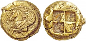 Greek Coins 
 Mysia, Lampsacus. Stater circa 412 BC, EL 15.18 g. 
 Description Forepart of Pegasus l., below, ‡. All within vine wreath. Rev. Quadri...