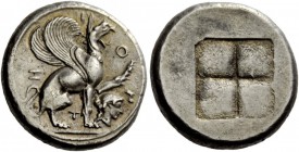 Greek Coins 
 Ionia, Teos. Stater circa 478-465 BC, AR 11.85 g. 
 Description Ú– H – I – O – N Griffin seated r., with l. forepaw raised; beneath, f...