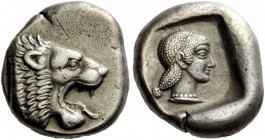 Greek Coins 
 Caria, Cnidus. Drachm circa 490-465 BC, AR 6.13 g. 
 Description Forepart of lion r., with open mouth. Rev. Head of Aphrodite r., wear...