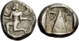 Greek Coins 
 Caria, Caunus. Stater circa 410-390 BC, AR 12.08 g. 
 Description Iris with curved wings and outstretched hands in a kneeling-running ...