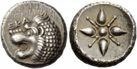 Greek Coins 
 Satraps of Caria. Ecatomnus, 392-377 BC. Tetraobol, Mylasa circa 392-377 BC,
 AR 4.25 g. 
 Description EKA Forepart of roaring lion l...
