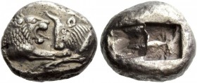 Greek Coins 
 Kings of Lydia, time of Croesus. Half-stater, Sardis after 546 BC, AR 5.31 g. 
 Description Confronted foreparts of lion and bull. Rev...
