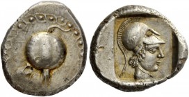 Greek Coins 
 Pamphylia, Side. Stater, circa 460-430 BC, AR 10.87 g. 
 Description Pomegranate within guilloche border. Rev. Head of Athena r., wear...