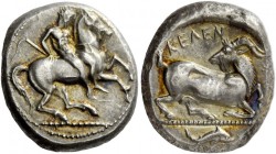 Greek Coins 
 Cilicia, Celenderis. Stater, circa 410-375 BC, AR 10.81 g. 
 Description Nude youth, holding whip, dismounting from horse rearing r. R...